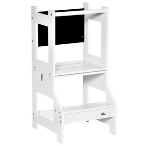 16.5'' White Kids Kitchen Step Stool, 2 in 1 Kitchen Table Set Toddler Standing Tower with Chalkboard, Safety Rail - 1 of 4