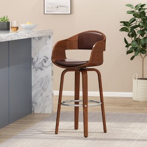 Mid-Century Modern Swivel Bar Stool with Faux Leather Upholstery, Wood Veneer Frame, and Chrome Footrest - 1 of 4