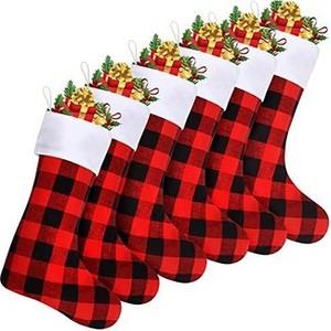 Aoibox 6 Pack 18 Inch Large Red Black Buffalo Plaid Christmas Stockings Bulk Fireplace Hanging Stockings for Family Holiday Decor - 1 of 4