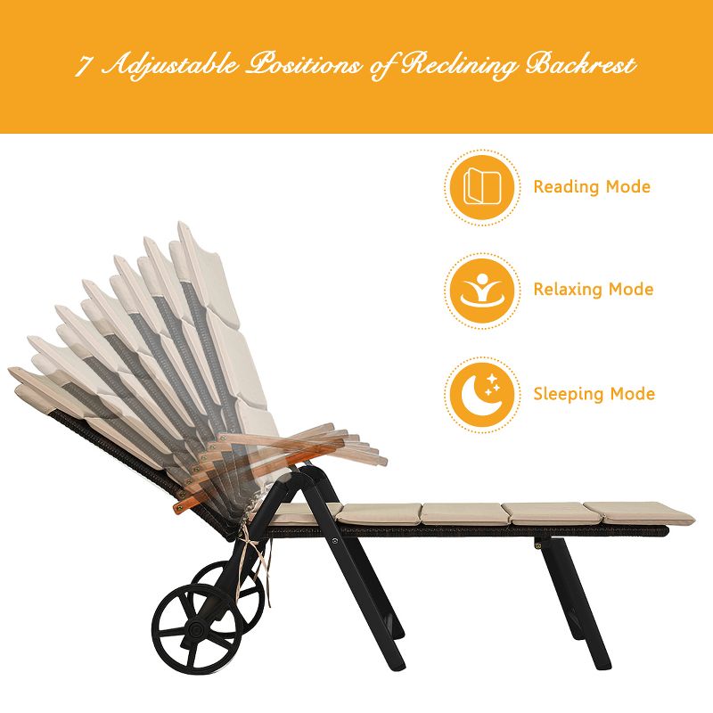 Tangkula Outdoor Rattan Wicker Lounge Chair Folding Patio Chaise w/ Wheels & Cushion, 4 of 10