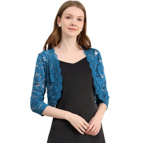 Allegra K Women's Elegant 3/4 Sleeve Sheer Floral Lace Shrug Cobalt Blue  Small : Target