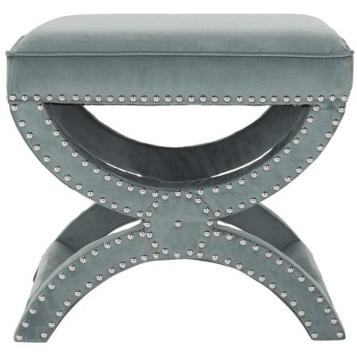 Mystic Blue Velvet Box Ottoman with Nailhead Detailing