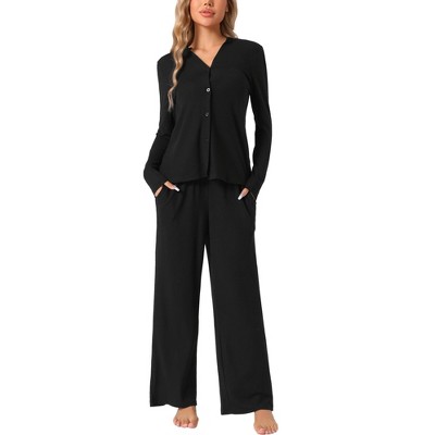 cheibear Women's Long Sleeve Button Down Tops with Pants Sleepwear Pajamas Sets