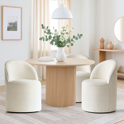 Modern Upholstered Dining Chair with Castors Round Barrel Dining Room Chair Linen Dining Chairs Set of 3 for Kitchen Dining Room-Tanpinhause