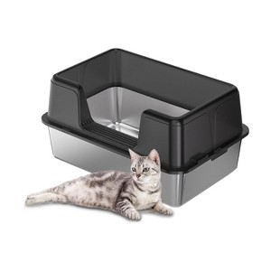 Cat Litter Box Stainless Steel, High Sides Cat Litter Box Metal Litter Tray, Anti-Splash Deepened Semi-Enclosed Large Cats Toilet - 1 of 4