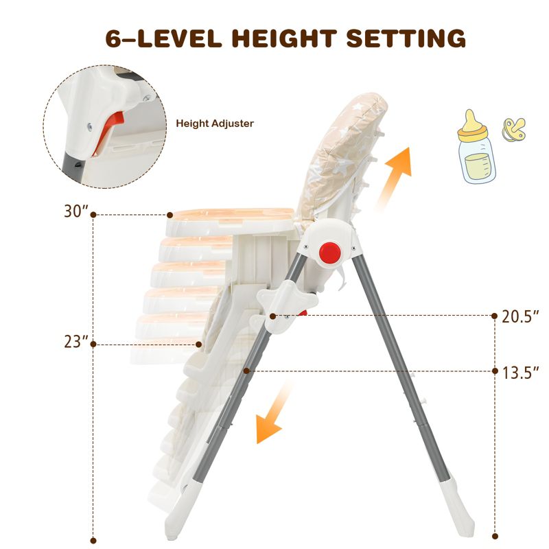 Infans Folding Baby High Chair Dining Chair w/ 6-Level Height Adjustment Beige, 4 of 8