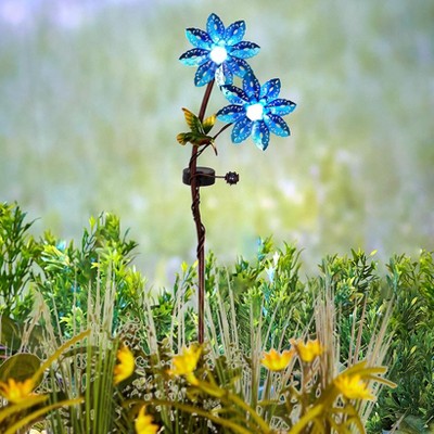 Blue Iron Double Flower and Critter Garden Stake with Solar Lights