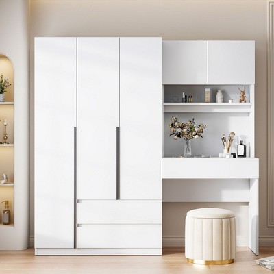 3-Door Wooden Storage Desk Wardrobe for Bedroom with Shelves and 3 Drawers, Natural