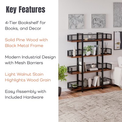Sturdis Black Metal Frame Industrial Bookshelf with Walnut Wood Shelves