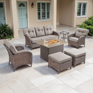 Belord Outdoor All Weather Wicker Patio Furniture Set, 7 Pieces Brown Wicker Patio Furniture Sofa Set with Propane Firepit Table - 1 of 4