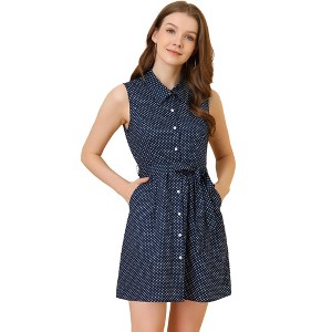 Allegra K Women's Vintage Button Down Polka Dots Sleeveless Belted Shirt Dress - 1 of 4