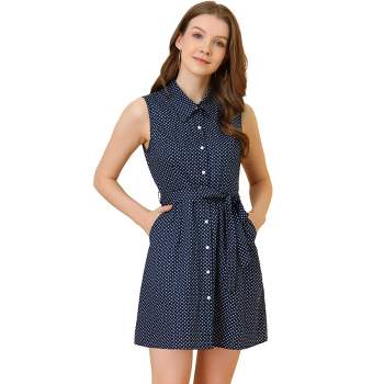 Allegra K Women's Vintage Button Down Polka Dots Sleeveless Belted Shirt Dress