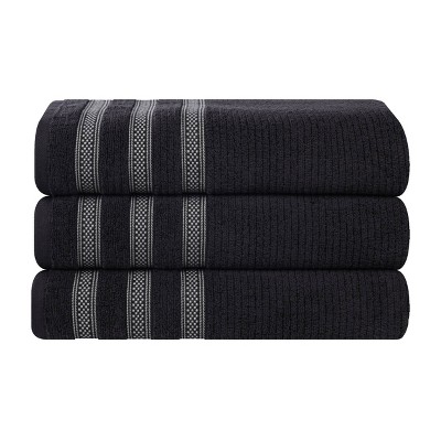 Zero Twist Cotton Ribbed Modern Geometric Border Bath Towel Set of 3 by Blue Nile Mills