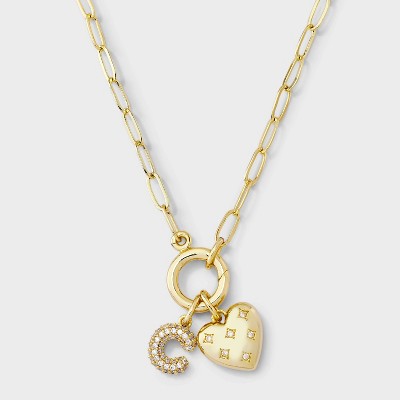 14K Gold Dipped Cubic Zirconia Puffy Heart Charm Initial Necklace - A New Day™ Gold
