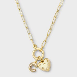 14K Gold Dipped Cubic Zirconia Puffy Heart Charm Initial Necklace - A New Day™ Gold - 1 of 4