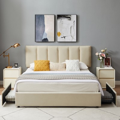 VECELO Upholstered Bed Frame with 4 Storage Drawers and Adjustable Velvet Headboard