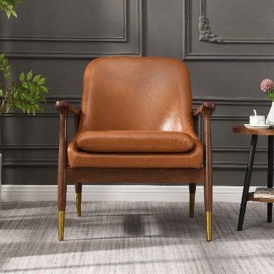 CAVINAS 29.2" Faux Leather Accent Chair with Solid Wood Frame and Brass-Tipped Legs, Arm Chair for Living Room, Bedroom