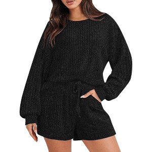 Women's Clothing Set Loose Sportswear Striped Crew Neck Long Sleeve Top Shorts Home Wear Suit - 1 of 4