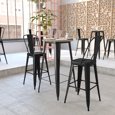 23.75" Round Brown Poly Resin Top Bar Table with Black Steel Base