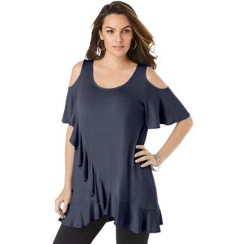 Roaman's Women's Plus Size Tipped Cold-shoulder Ultrasmooth Fabric Top -  26/28, Blue : Target