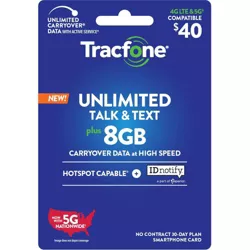 Tracfone Unlimited Talk/Text + 8GB Carryover Data 30-Day Plan Smartphone Card (Email Delivery) - $40