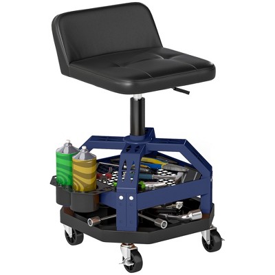 HOMCOM Rolling Mechanic Stool, 300 LBS Capacity Garage Stool with Wheels, Backrest, Tool Tray Storage, Blue