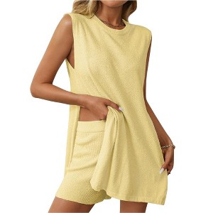 Women's 2 Pieces Set Summer Outfits Sleeveless Crew Neck Side Slit Top Loungewear and Elastic Waist Shorts Lounge Pajama - 1 of 4