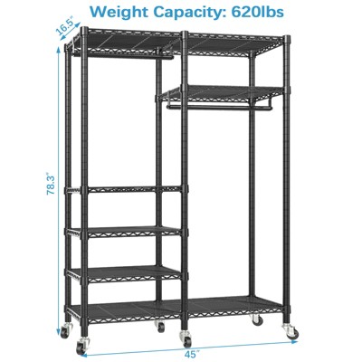 Black Heavy Duty Wire Rolling Garment Rack with Adjustable Shelves