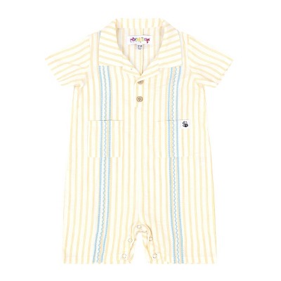 Image of Mixed Up Clothing Bordado Baby Romper - Yellow/White Stripe - 0-3 Months