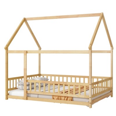 Bellemave Full Size House Bed for Kids,Solid Wood Floor Bed, Montessori Floor Bed with Fence and Roof,(Full,Natural)