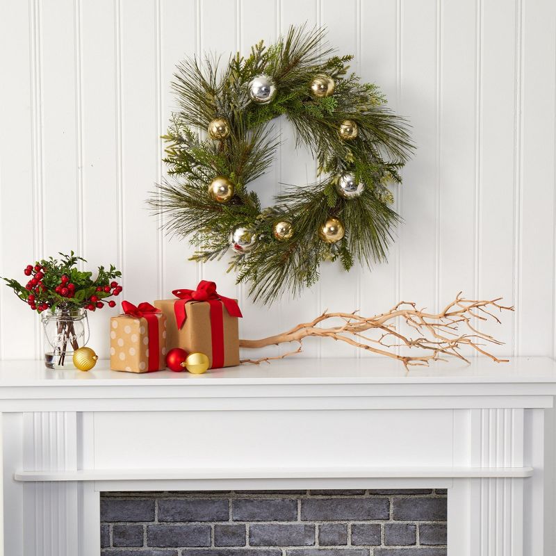 Nearly Natural 26” Sparkling Pine Artificial Wreath with Decorative Ornaments, 3 of 4