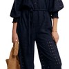 Knit & Lounge Women’s Eyelet Wide Leg Jumpsuit with Balloon Sleeves Button Front Waist Tie Relaxed Fit - 2 of 4