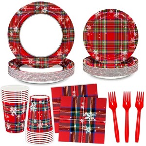 DYLIVeS Tartan Plaid with Snowflake Party Supplies,Tartan Plaid Decorations Disposable Dinnerware Set,Dinner Plates,Dessert Plates, Napkins Cups Forks - 1 of 4