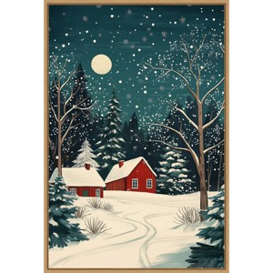 Amanti Art 28"x41" Red Houses and Snowy Night Sky by Pictufy Studio Framed Canvas Wall Art - 1 of 4