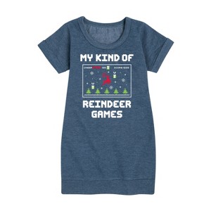 - Instant Message - My Kind Of Reindeer Games Christmas Graphic Short Sleeve Fleece Dress - 1 of 4