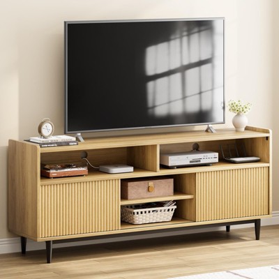 Homhougo Fluted TV Stand for 80 inch TV, Natural Entertainment Center with 2 Sliding Fluted Doors and Metal Support Leg Natural