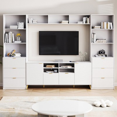 4-Piece Multifunctional TV Stand and Storage Unit with Fluted Line Design, 13 Shelves and 8 Drawers for Living Room