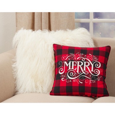 Red and Black Embroidered Cotton Plaid Throw Pillow, 16"