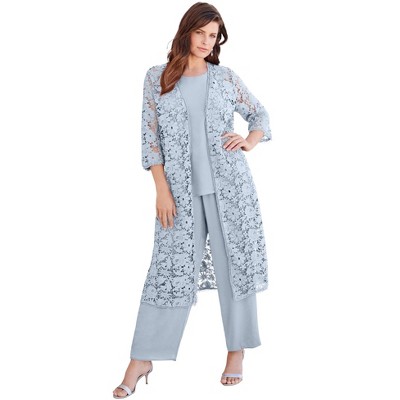 Roaman's Women's Plus Size Petite Three-Piece Lace Duster & Pant Suit, 14 W  - Pearl Grey