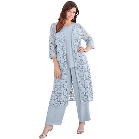 Roaman's Women's Plus Size Three-Piece Lace Duster & Pant Suit - 16 W, Gray