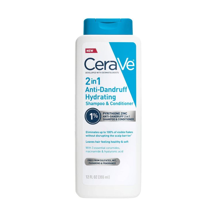 White bottle of CeraVe 2 in 1 Anti-Dandruff Hydrating Shampoo & Conditioner with blue cap, featuring text about pyrithione zinc and benefits, and labeled 12 FL OZ (355 mL).