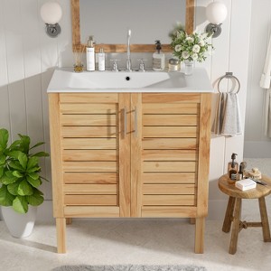 APRILSOUL 30" Antique Bathroom Vanity with Ceramic Sink, Mid-Century Modern Bathroom Vanity Cabinet , Natural Brown - 1 of 4