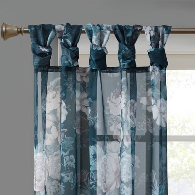 Navy Floral Twist Tab Top Sheer Polyester Curtain Panel
