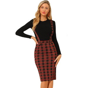 Allegra K Women's Plaid Shiny High Waist Pencil Midi Suspender Skirt - 1 of 4