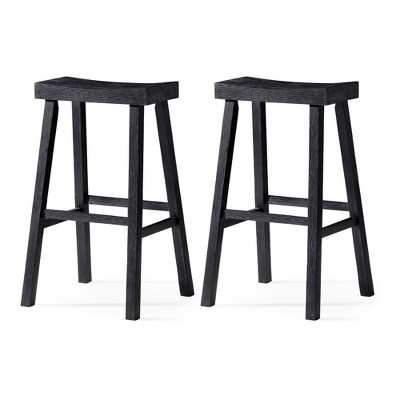 Maven Lane Vincent Backless Rectangular Saddle Kitchen Stool with Rustic Wood Top Seat, Set of 2