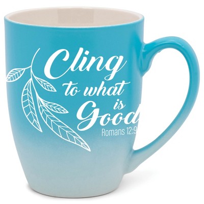 Elanze Designs Cling To What Is Good Romans 12:9 Two Toned Ombre Matte Pale Blue and White 12 ounce Ceramic Stoneware Coffee Cup Mug