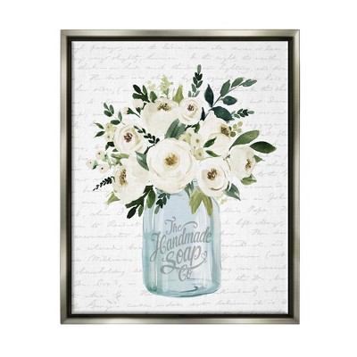 Stupell Industries White Blooms Flower Bouquet Classic Jar Script Floater Canvas Wall Art