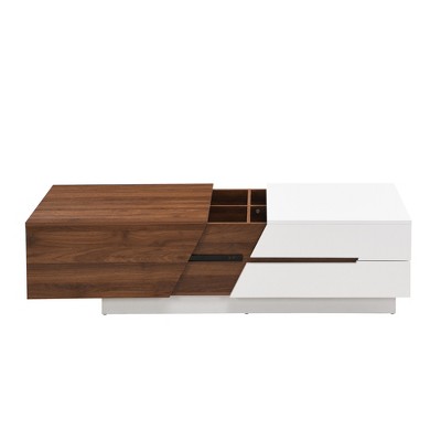 Vynxaria Series 47.2 in. White and Walnut Rectangle MDF End Table with Extendable Sliding Top and Storage
