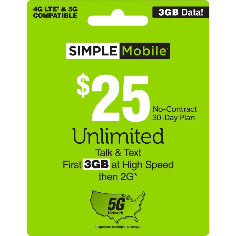 Simple Mobile Unlimited Talk/Text/Data Prepaid Card (Email Delivery), 1 of 3
