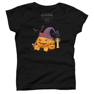 Girl's Design By Humans Halloween Witch Pumpkins With Bats By VectorVillain T-Shirt